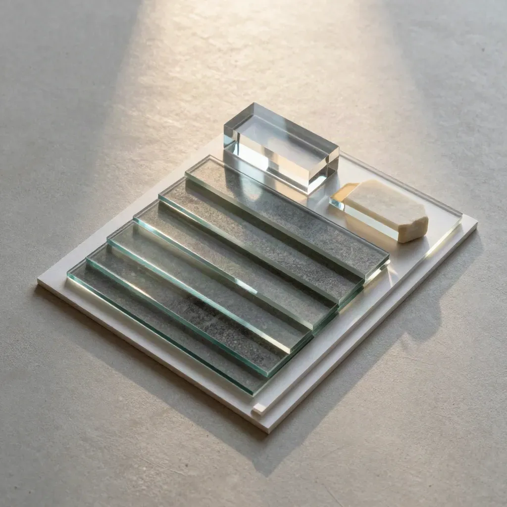 Overhead macro flatlay of translucent tiles, paper shims, crystal block and calibration stone on pale concrete.