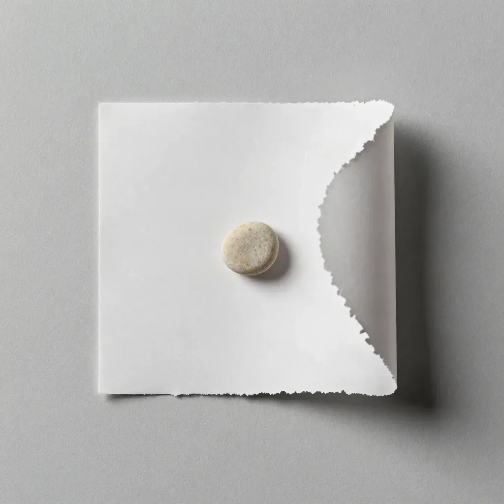 Matte white remover module with torn paper edge and pebble on pale plaster.