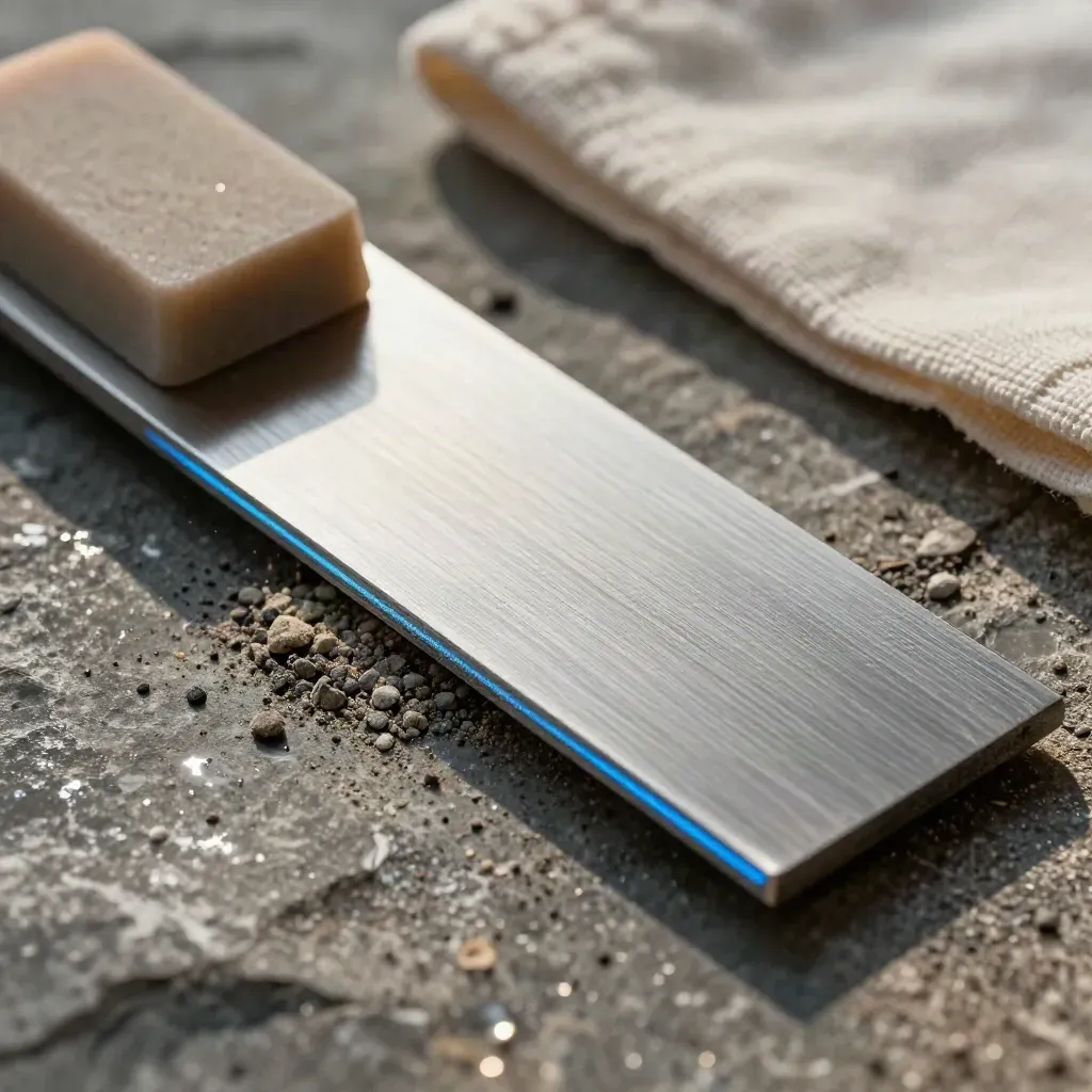 Brushed metal cleanup kit sliding through wet stone dust beside eraser block and cloth scrap.