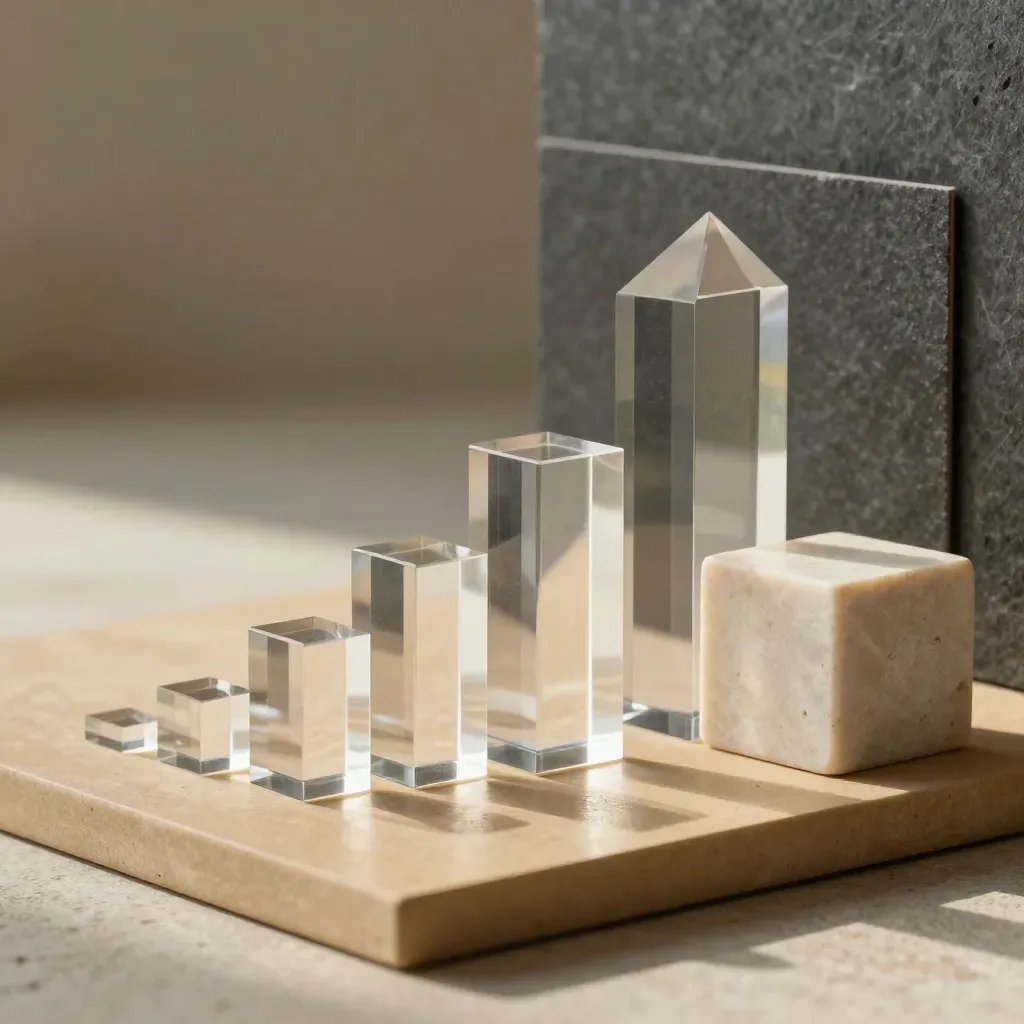 Stepped translucent acrylic blocks beside prism and limestone cube on a slate plinth