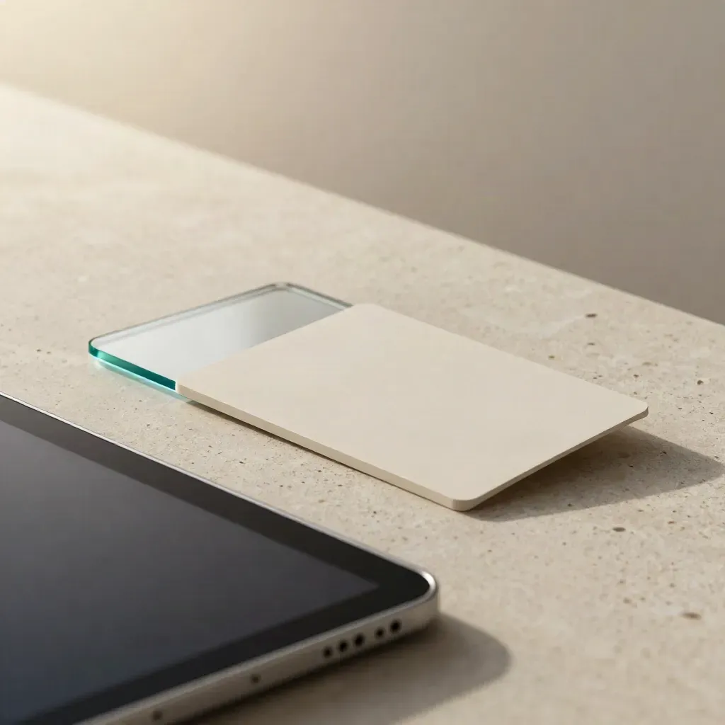 Glass rectangle, blurred tablet edge and folded card on pale stone in soft haze.