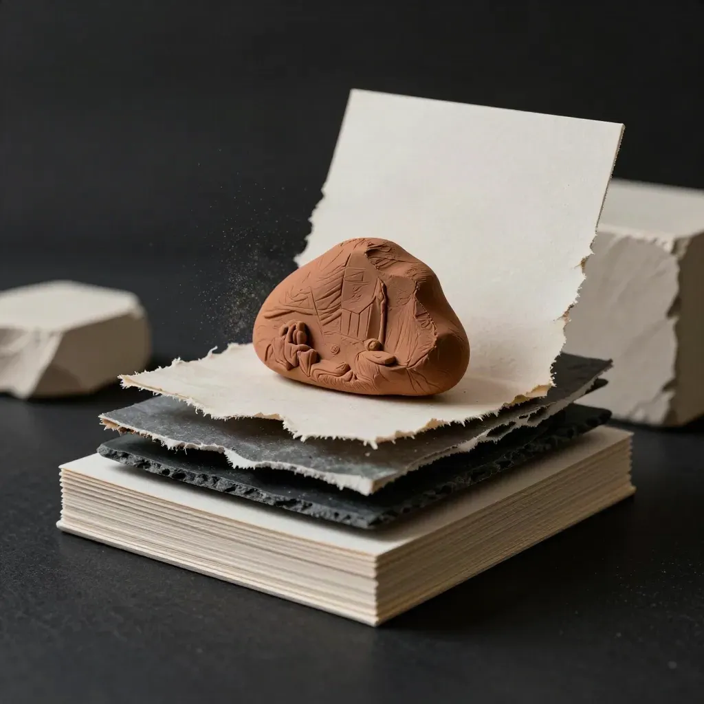 Layered concept tiles, clay mockup, and torn swatches on matte black with cool dramatic light.