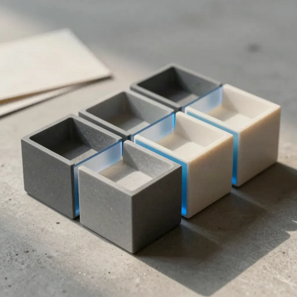 Macro of matte team-plan modules with translucent dividers on a shared tray in cool concrete light.