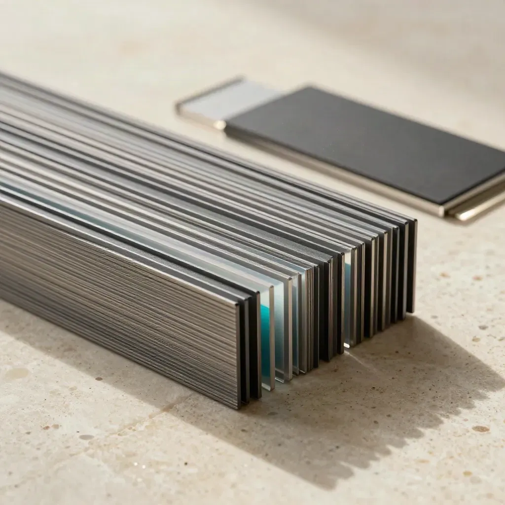 Graphite module stack on pale stone with translucent cyan inserts, low diagonal hero view.